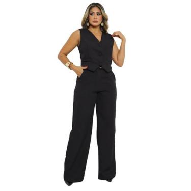 Imagem de Conjunto De Alfaiataria Com Colete E Calça Pantalona E Cinto Preto - N