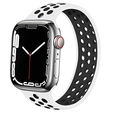 Imagem de ALMNVO Bandas de silicone sport com loop solo Compatível com Apple Watch Band 38mm 41mm 40mm 45mm 44mm 42mm,Replacement Pulseira Sport Wristbands para iWatch Series 8 7 6 5 SE 4 3,Branco preto