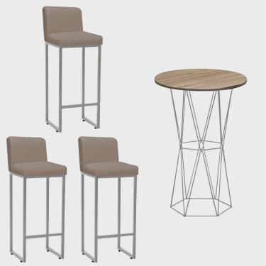 Imagem de Kit Mesa Bistrô Flork e 3 Banqueta Lucca Alta Com Encosto Bar Gourmet Tampo Madeira Ferro Prata Corino Bege - Ahazzo Móveis