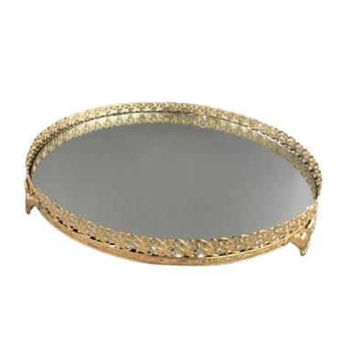 Imagem de Bandeja Metal Dourada com Espelho no Fundo 27cm diâmetro