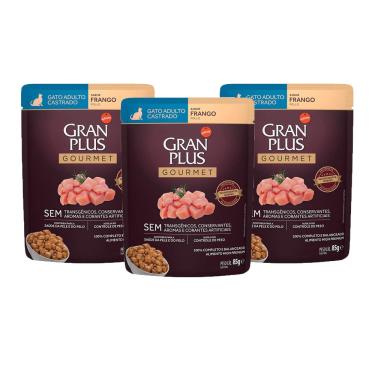 Imagem de Kit 3 Ração Úmida Gran Plus Gourmet Gatos Adultos Castrado Frango Sachê 85g