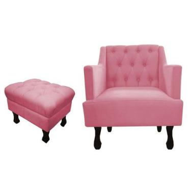 Imagem de Kit Poltrona Decorativa Julia + Puff Luis Xv Suede Rosa Pés Madeira Ms
