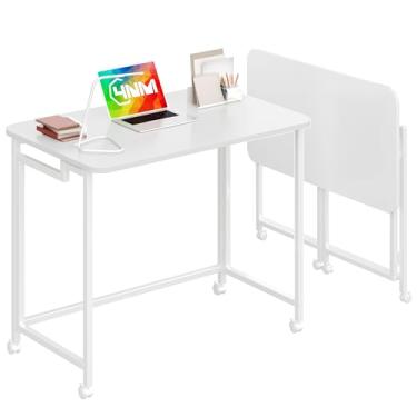 Imagem de 4NM Mesa móvel pequena de 80 cm, mesa dobrável para laptop com rodas, mesa de escritório portátil para sofá-cama pequena - toda branca
