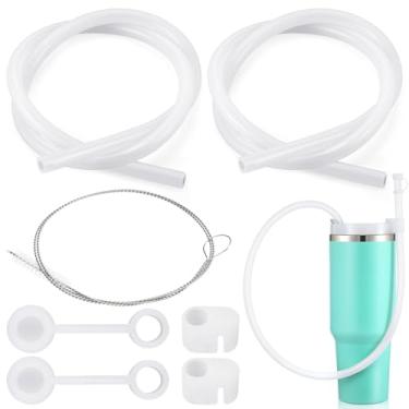 Imagem de Baderke 2 conjuntos de canudos de silicone reutilizáveis extra longos de 89 cm compatíveis com Stanley Copo grande de 1,134 g - Garrafa de vinho canudos flexíveis com escovas de limpeza Acessórios