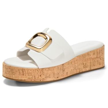 Imagem de Coutgo Sandálias Femininas Plataforma De Cortiça, Salto Anabela, Fivela De Metal, Calçado De Verão Aberto, Branco, Tamanho 9