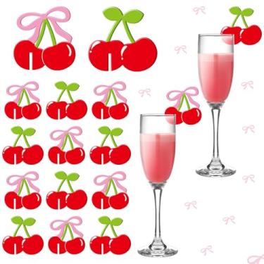 Imagem de Chunful 36 peças de marcadores de bebida de cereja fofos de acrílico rosa e vermelho cereja e laço, pingentes para despedida de solteira, aniversário, casamento, chá de panela, lembrancinhas