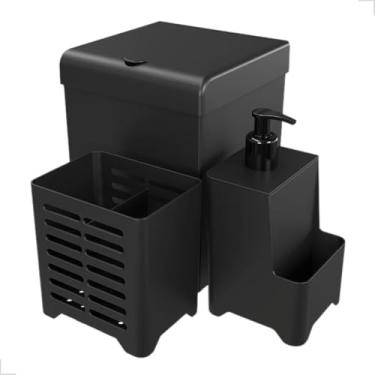 Imagem de Kit Cozinha Pia 3 Peças Lixeira Escorredor De Talheres Dispenser De Detergente Luxo Compacto - Preto