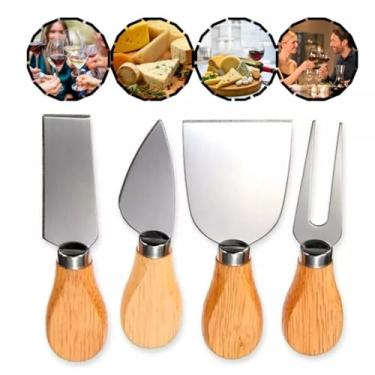 Imagem de Conjunto kit Facas para Queijos e Frios Inox Cabo Madeira 4 Pçs Corte Preciso para Cozinha Restaurantes Profissional Gourmet
