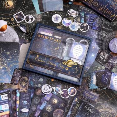 Imagem de icceemee Kit de materiais para álbuns, céu estrelado azul, kit de scrapbooking para diário de balas, artigos de papelaria, caderno de grade A6, suprimentos florais para anotações DIY, presente de