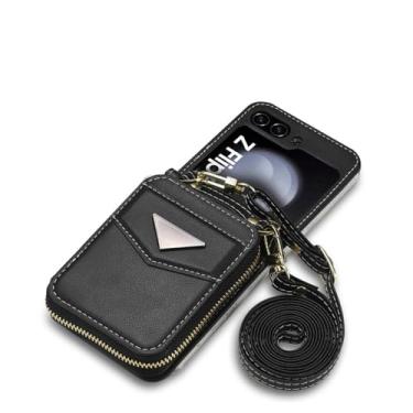 Imagem de HJZSZX Para Samsung Z Flip 6 Long Lanyard Couro Zip Wallet Cartão Telefone Case Crossbody Bolsa Capa (Para Samsung Z Flip 6/preto)
