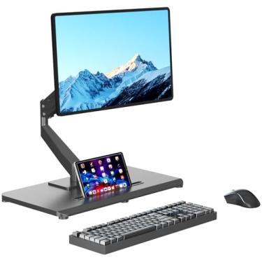 Imagem de Pholiten Braço de monitor ajustável com mola a gás para telas de 17 a 32 polegadas, suporte pneumático para monitor VESA com base, suporte de mesa independente para monitor de movimento completo