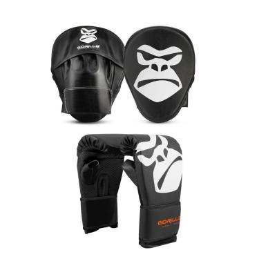Imagem de Kit Luva Bate Saco Pro Infantil Criança + Manopla De Foco Soco Treino Boxe MMA Muay Thai Gorilla (Preto)