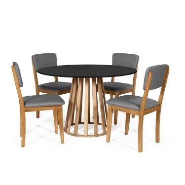 Imagem de Mesa De Jantar Redonda Gabi Pret/jade Com 4 Cadeiras Estofadas Ella Cinza Escuro