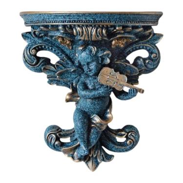 Imagem de DimyFew Estátua de resina decorativa de prateleira flutuante, estatueta suspensa, organizador de anjo interno, escultura de parede para sala de jantar, Azul com Violino