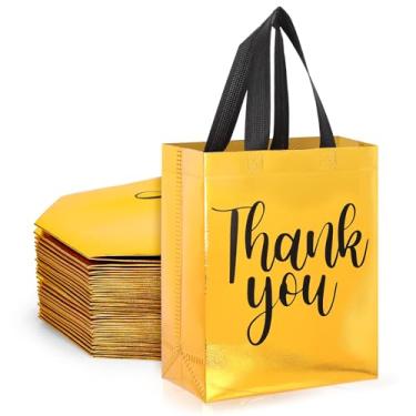 Imagem de FYSUIMU 30 peças de sacos de presente dourados de agradecimento com alças douradas brilhantes sacos de agradecimento não tecido reutilizável para compras de negócios, lembrancinhas de festa de