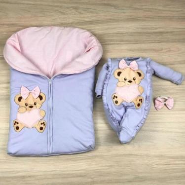 Imagem de Saída maternidade bebê menina com saco de dormir bodado ursa coração m