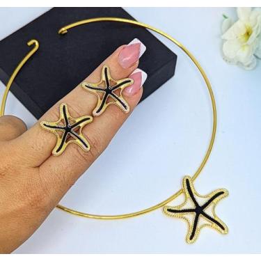 Imagem de Kit Conjunto Colar e Brincos Feminino Choker aro Liso Orgânco Oval tre