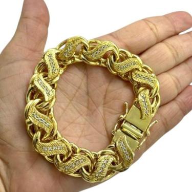 Imagem de Pulseira Friso S 16mm Cravejada Banhado a Ouro 18K 750 - ToJoia18k