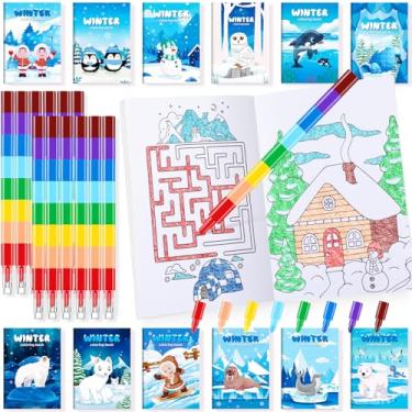 Imagem de BenLouis 24 mini livros de colorir de inverno para crianças com 24 giz de cera empilháveis animais polares lembrancinhas de festa livros de atividades a granel para crianças férias de inverno saco de