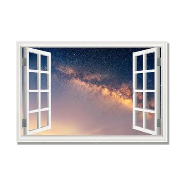 Imagem de NHLDZYH Quadro sobre tela janela. Quadro de janela com paisagem. Imagem natureza em tela. Quadros decoração de sala moderna (céu estrelado à noite 09) 40 x 60 cm moldura interna