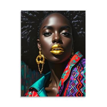 Imagem de Arte de parede de menina negra afro-americana colorida preta africana com lábios emoldurados para sala de estar quarto decoração de casa 40 x 30 cm (16 x 12 pol) sem moldura