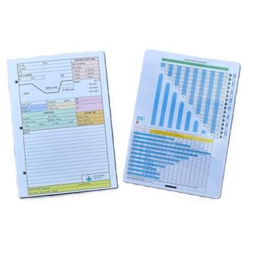 Imagem de Crystal Ocean Folhas de mergulho (100 troncos/50 folhas) e imperiais (pés) mesas de mergulho impermeáveis sem descompressão com base no manual de mergulho da Marinha dos EUA de 1984.