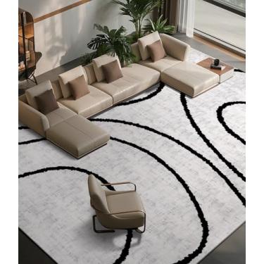 Imagem de YIHOUSE Tapetes modernos para sala de estar, tapete preto e branco lavável, 23 x 30 cm, tapete listrado geométrico abstrato fino, tapete de área para quarto, cozinha, sala de jantar, escritório