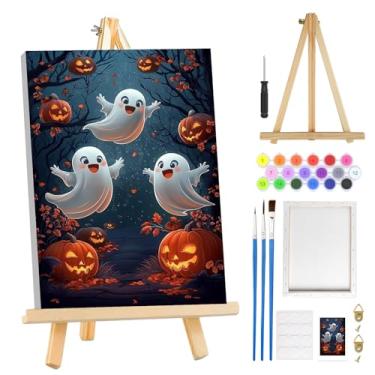 Imagem de MOGTAA Kit de pintura fantasma de Halloween por números para adultos iniciantes com moldura, kits de pintura de abóbora para adultos por números em tela com cavalete, kits de pintura a óleo DIY fáceis