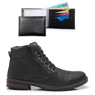 Imagem de Kit Bota Coturno Masculina Casual Com Carteira Ziper Lateral Confortável Leve Macia Resistente (Preto, BR, Adulto, Numérico, 43)