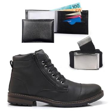 Imagem de Kit Bota Coturno Masculina Casual Com Carteira Cinto Ziper Lateral Confortável Leve Macia Resistente (Preto, BR, Adulto, Numérico, 37)