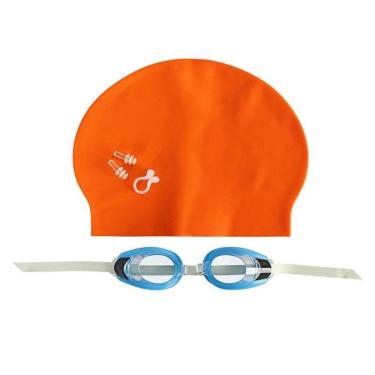 Imagem de Kit Natação Laranja Óculos Touca Protetor Nasal E De Ouvido