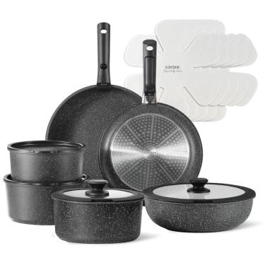 Imagem de Jogo de Panelas CAROTE 17 peças Antiaderente com Alça Removível - Kit de Cozinha RV, Panelas Destacáveis, Uso no Forno e Camping - Preto
