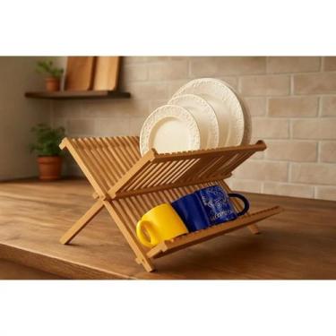 Imagem de Escorredor Pratos Bambu Taça Casa Louça Talheres Suporte Cozinha Dobrá