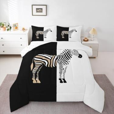 Imagem de Feelyou Conjunto de edredom de zebra preta e branca, tamanho casal, estampa animal, para crianças, meninos, meninas, listras, edredom geométrico, microfibra, 3 peças com 2 fronhas