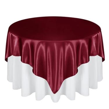 Imagem de Cobedzy Sobreposição de toalha de mesa quadrada de cetim de 182 cm, 6 peças, capa de toalha de mesa quadrada bordô, sem rugas, tecido resistente a manchas para festa, casamento, decoração de mesa de