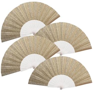 Imagem de Pacote com 4 leques de mão femininos com glitter e nervuras transparentes brilhantes – Ideal para casamento, igreja, festival, dança, festa de chá, clube e acessórios EDM, ouro claro