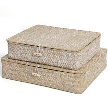 Imagem de Moosky Cestos planos de vime com tampa, caixas de cesta de tecido de alga marinha para caixas de armazenamento multiuso organizador de decoração de casa (conjunto de 2)