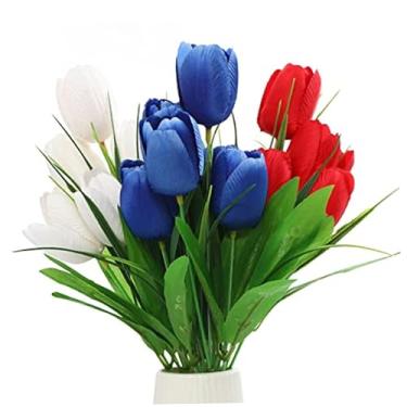 Imagem de Flores artificiais, 3 buquês de tulipas artificiais vermelhas, brancas e azuis para decoração do Dia da Independência, tulipas, coroação