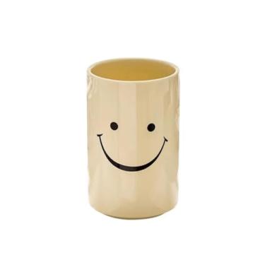 Imagem de JinRu BaoHua Copo de escova de dentes de cerâmica Smiley Face - Design criativo de sorriso, copo de banheiro prático, perfeito para casa, dormitório ou presentes (amarelo)