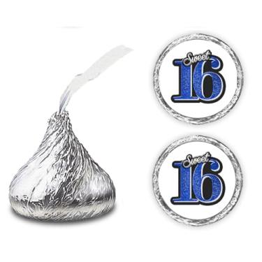 Imagem de Adesivos Sweet 16 Kisses (conjunto de 216) 16 adesivos de gotas de chocolate de aniversário para aniversário de 16 anos, decoração de lembrancinhas de festa de beijos da Hershey, Azul