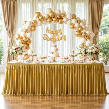 Imagem de Saia de mesa dourada escura com glitter de 2,7 m de comprimento, mesas retangulares, plissadas, sem rugas, saia de mesa para professores, sala de aula, escritório, casamentos, festas de aniversário