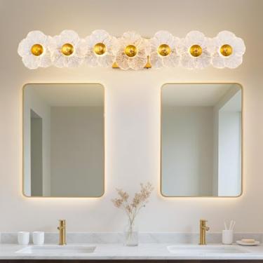 Imagem de MantoLite Luminária de banheiro Moderna Vanity Sobre Espelho Ajustável 3000K-6000K Luzes Arte Luz com Cortinas de Vidro Transparente Floral para Sala de Estar Quarto Arandelas de Parede (7 Ouros)