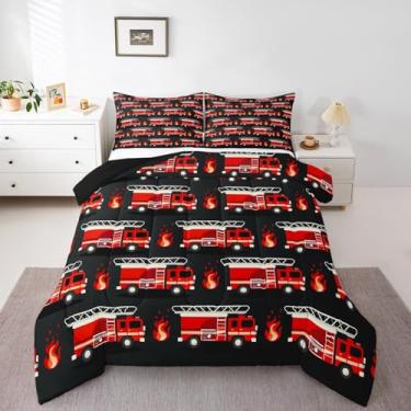 Imagem de Feelyou Conjunto de edredom infantil com estampa de caminhão de bombeiros, macio e leve para todas as estações
