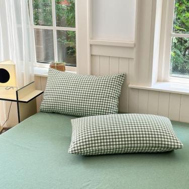 Imagem de Conjunto de 2 fronhas de guingão verde fazenda king fronhas xadrez verde búfalo, conjunto de 2, roupa de cama quadriculada guingão, capas de travesseiro de algodão lavado com fecho de envelope, 50 cm