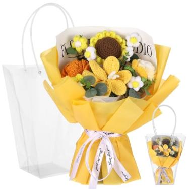 Imagem de Buquê de flores de crochê, rosa de girassol de lírio amarelo feito à mão, arranjo floral de fio sintético, flores artificiais de algodão macio, decoração de casa, presente para aniversário, casamento