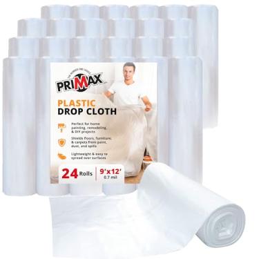 Imagem de PRIMAX Pano de plástico transparente de 2,7 x 3,6 m (pacote com 24) – Folhas de plástico impermeáveis para pintura, capas de móveis e proteção contra poeira – Fácil limpeza, solução sem bagunça para