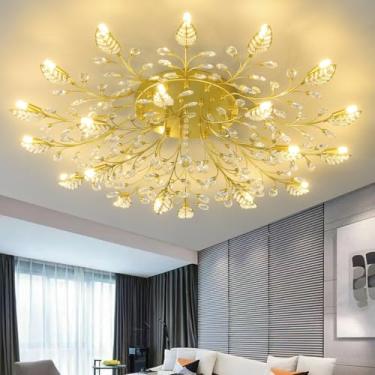 Imagem de Luminária de teto de cristal moderna, folhas douradas, semi embutida, luzes de teto, lustres para quarto, sala de estar, sala de jantar, cozinha, corredor, hall de entrada (dourado, 21 cabeças)