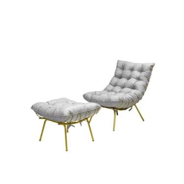 Imagem de Poltrona Costela Luxo com Puff Adão Dourado - Linho Cinza - METAL MOVE