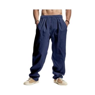 Imagem de Calças Masculinas Leves De Algodão E Linho Com Corte Reto, Respiráveis