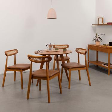 Imagem de Conjunto Mesa de Jantar Square Laminada Redonda Natural - 88cm + 4 Cadeiras Dalí Encosto Palha Larga - Cognac